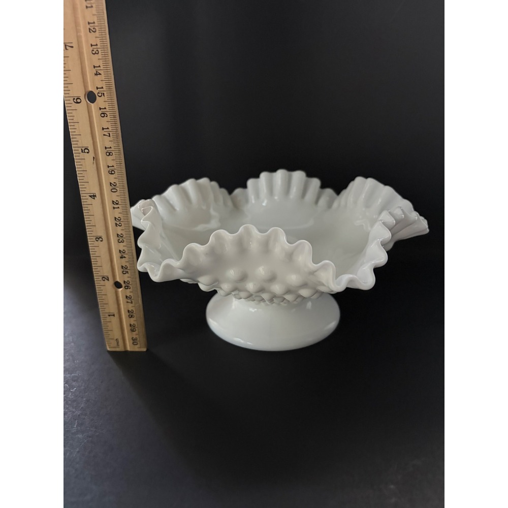 Fenton Hobnail | White Milk Glass | Ruffled Pedestal Candle Holder | Centerpiece - Picture 7 of 11